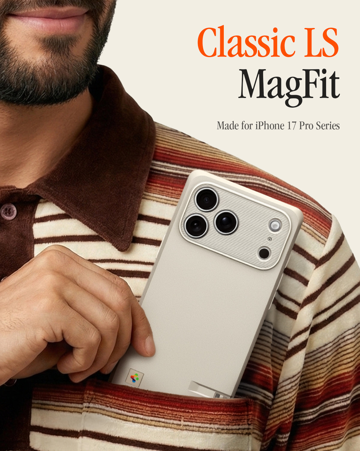 ACS10478 - iPhone 17 Pro Max Classic LS MagFit case showing a man sliding a beige iPhone case into his shirt pocket, with "Classic LS MagFit, Made for iPhone 17 Pro Series" text.