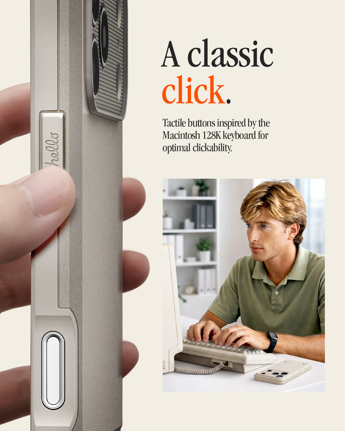 ACS10479 - iPhone 18 Pro / iPhone 17 Pro Classic LS MagFit case showing a hand pressing the case's tactile side button, next to a man typing on a vintage Macintosh keyboard.