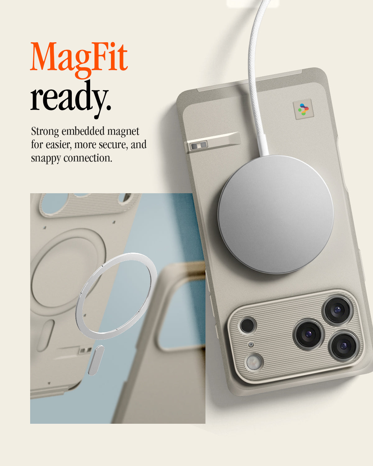 ACS10479 - iPhone 18 Pro / iPhone 17 Pro Classic LS MagFit case showing the case with a MagSafe charger attached via embedded magnet, plus a close-up of the magnetic ring and lanyard cutout.