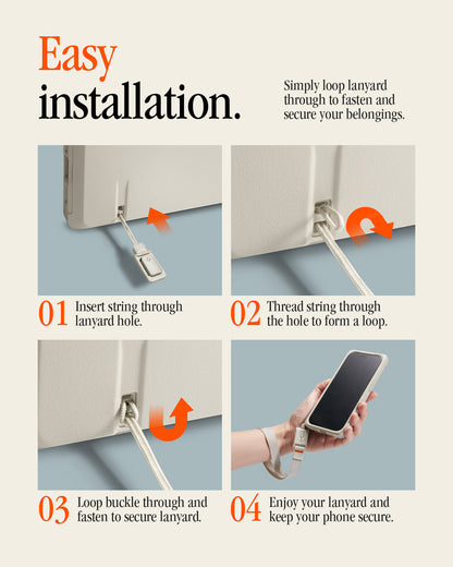 ACS10479 - iPhone 17 Pro Classic LS MagFit showing four steps to install a lanyard: insert string, thread through hole, loop and fasten buckle, then carry phone.