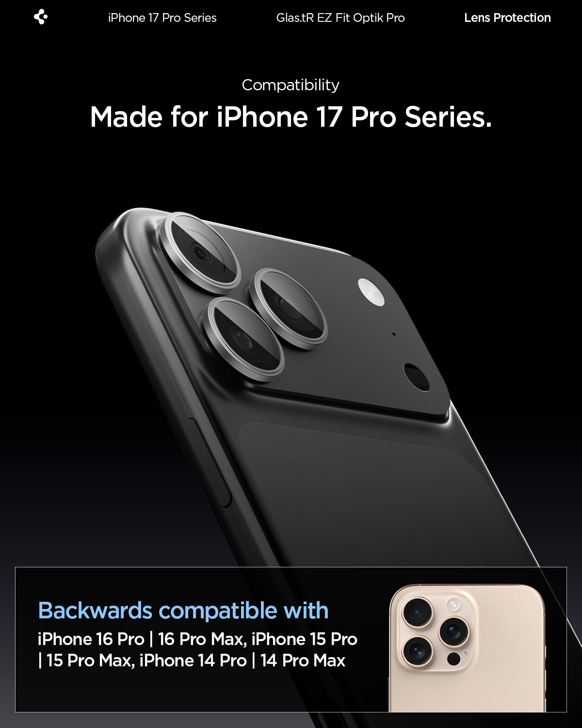 AGL10125 - iPhone 17 Pro Max Optik Pro EZ Fit Lens Protector in gray showing the compatibility. Made for the iPhone 17 Pro series