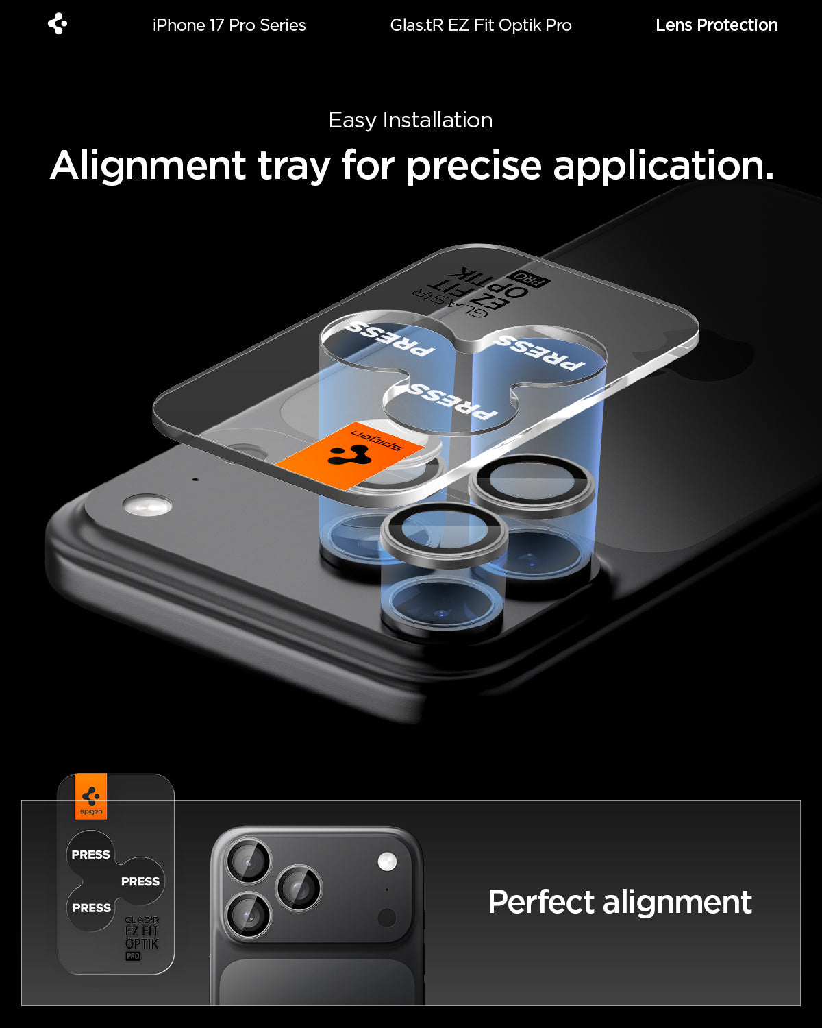 AGL10125 - iPhone 17 Pro Max Optik Pro EZ Fit Lens Protector in gray showing the easy installation with alignment tray for precise application
