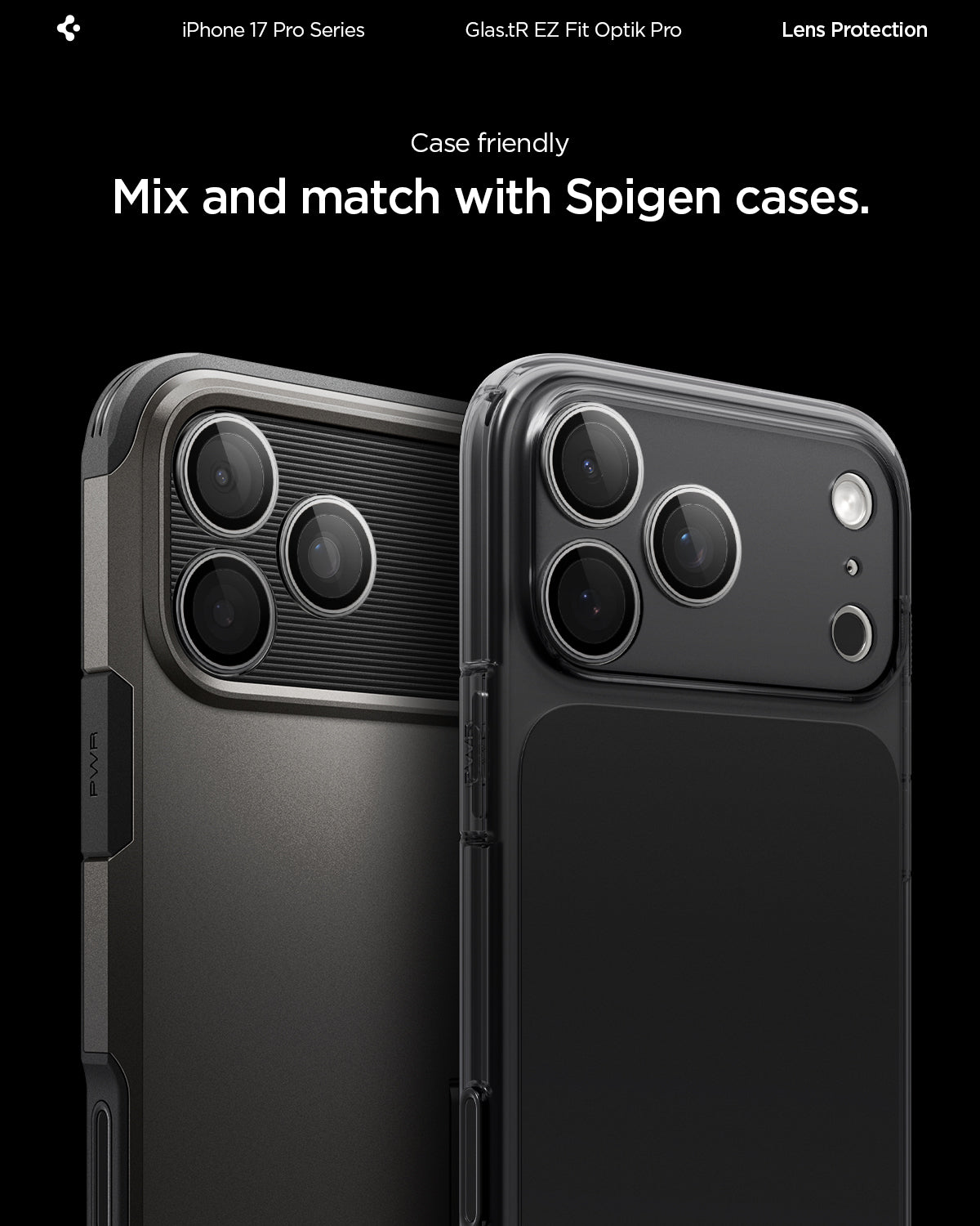 AGL10125 - iPhone 17 Pro Max Optik Pro EZ Fit Lens Protector in gray showing the case friendliness. Mix and match with Spigen cases.