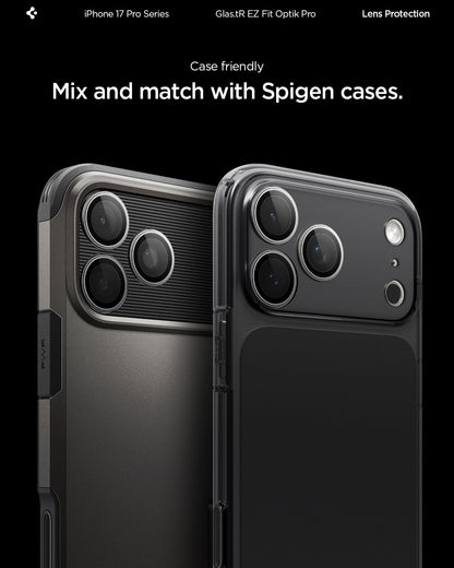 AGL10125 - iPhone 17 Pro Max Optik Pro EZ Fit Lens Protector in gray showing the case friendliness. Mix and match with Spigen cases.