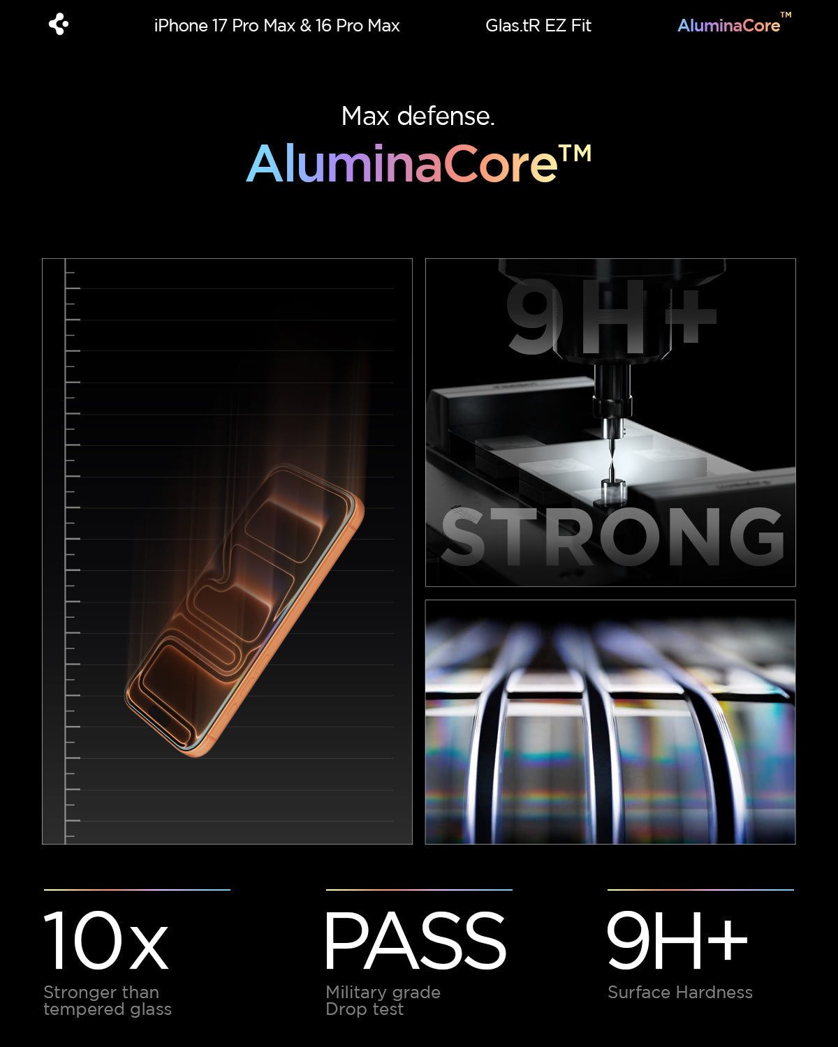 AGL07907 - iPhone 16 Pro Max GLAS.tR EZ Fit Sensor Protected showing AluminaCore strength with 10x durability military grade drop test and 9H plus hardness