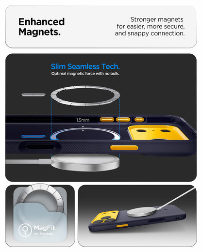 ACS09966 - iPhone 17 Pro Case Nano Pop (MagFit) in blueberry navy showing the enhanced magnets. Stronger magnets for easier, more secure and snappy connection