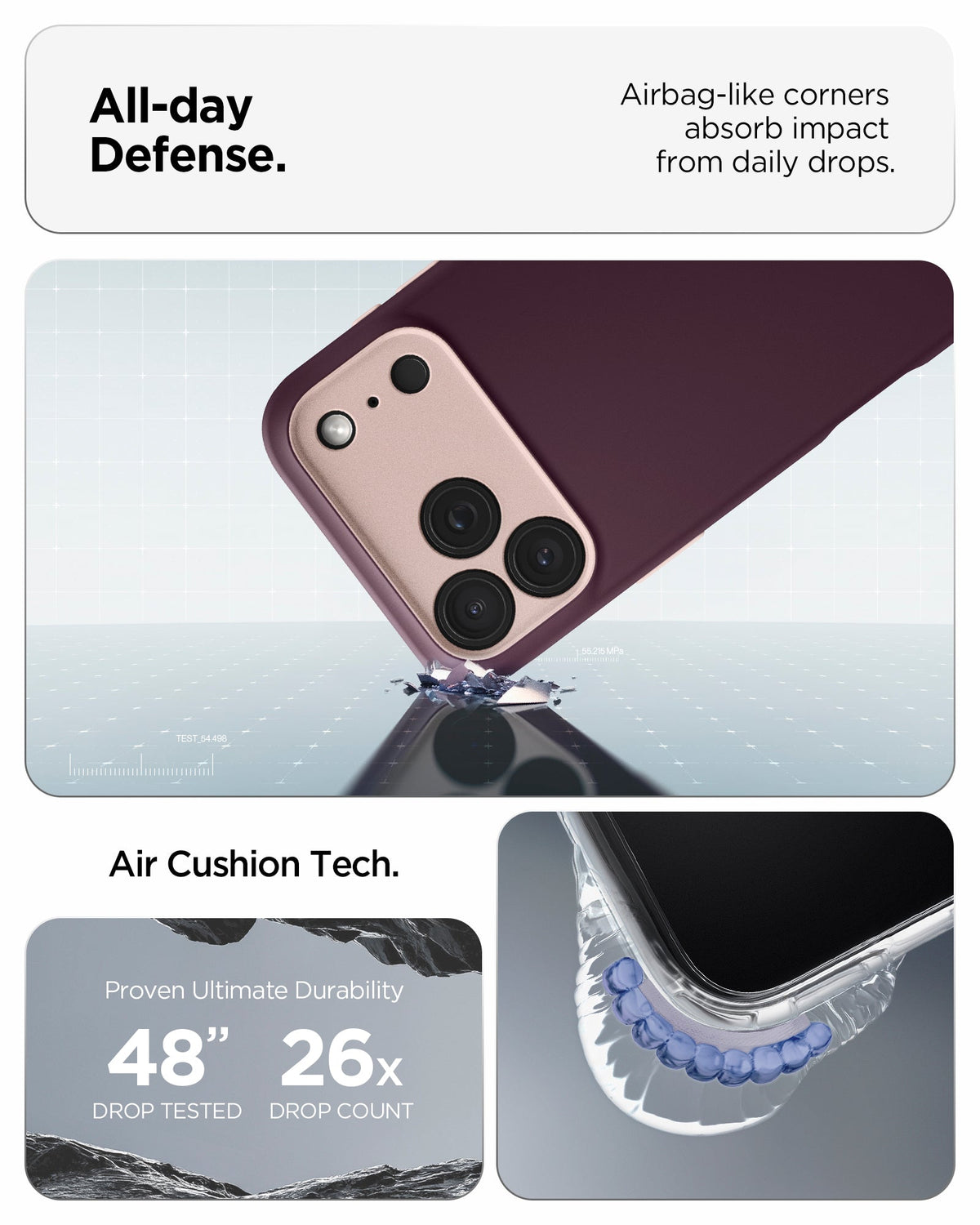 ACS09914 - iPhone 17 Pro Max Case Nano Pop (MagFit) in burgundy bean showing the all day defense with airbag like corners that absorb impact from daily drops