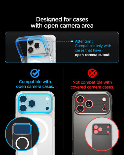 AGL12037 - iPhone 18 Pro Optik Pro XL EZ Fit Lens Protector in Light Blue showing compatibility with cases featuring an open camera area and incompatibility with covered camera designs.