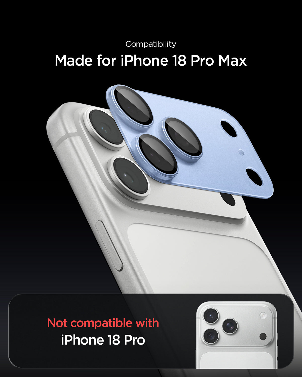 AGL12041 - iPhone 18 Pro Max Optik Pro XL EZ Fit Lens Protector in Glacier showing the lens protector aligned over the camera area with a compatibility comparison.