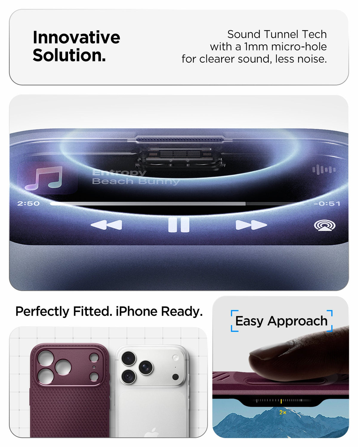 ACS12338 - iPhone 18 Pro / iPhone 17 Pro Liquid Air in Dark Cherry showing innovative solution. sound tunnel tech with a 1mm micro hole for cleaner sound, less noise.