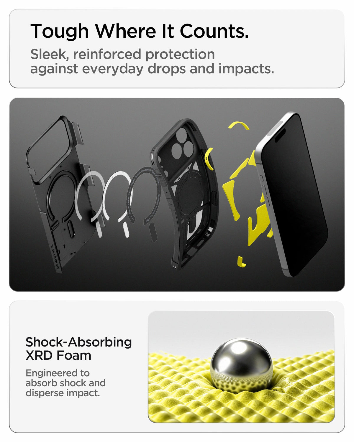 ACS09950 - iPhone 18 Pro / iPhone 17 Pro Tough Armor T Mag Fit Black showing a layered protective structure with shock-absorbing foam engineered to disperse impact