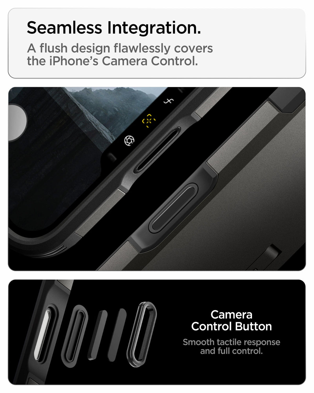 ACS09951 - iPhone 18 Pro / iPhone 17 Pro Tough Armor T Mag Fit Gunmetal showing a flush camera control button design for smooth tactile response and full control