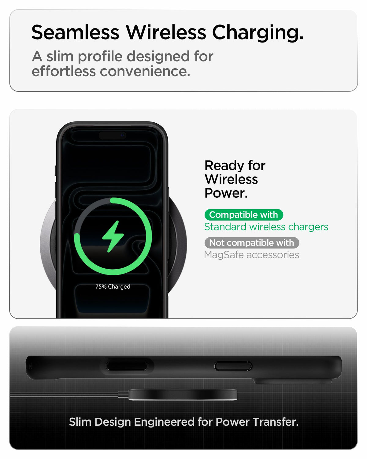 ACS10065 - iPhone 18 Pro / iPhone 17 Pro Ultra Hybrid in Matte Black showing a slim case supporting standard wireless charging with efficient power transfer