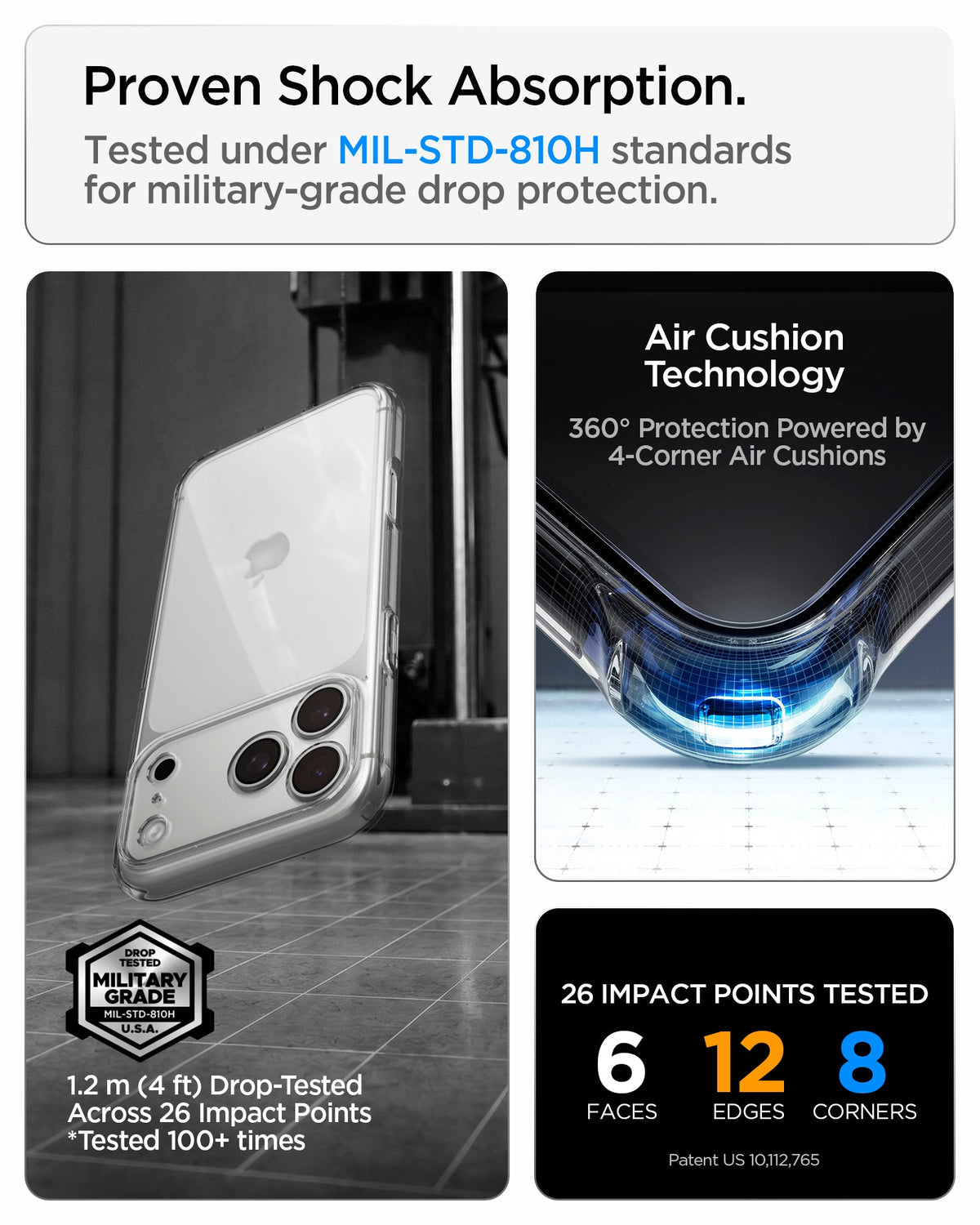 ACS10064 - iPhone 17 Pro Ultra Hybrid in Crystal Clear showing military-grade drop protection with four-corner air cushion technology and tested impact coverage