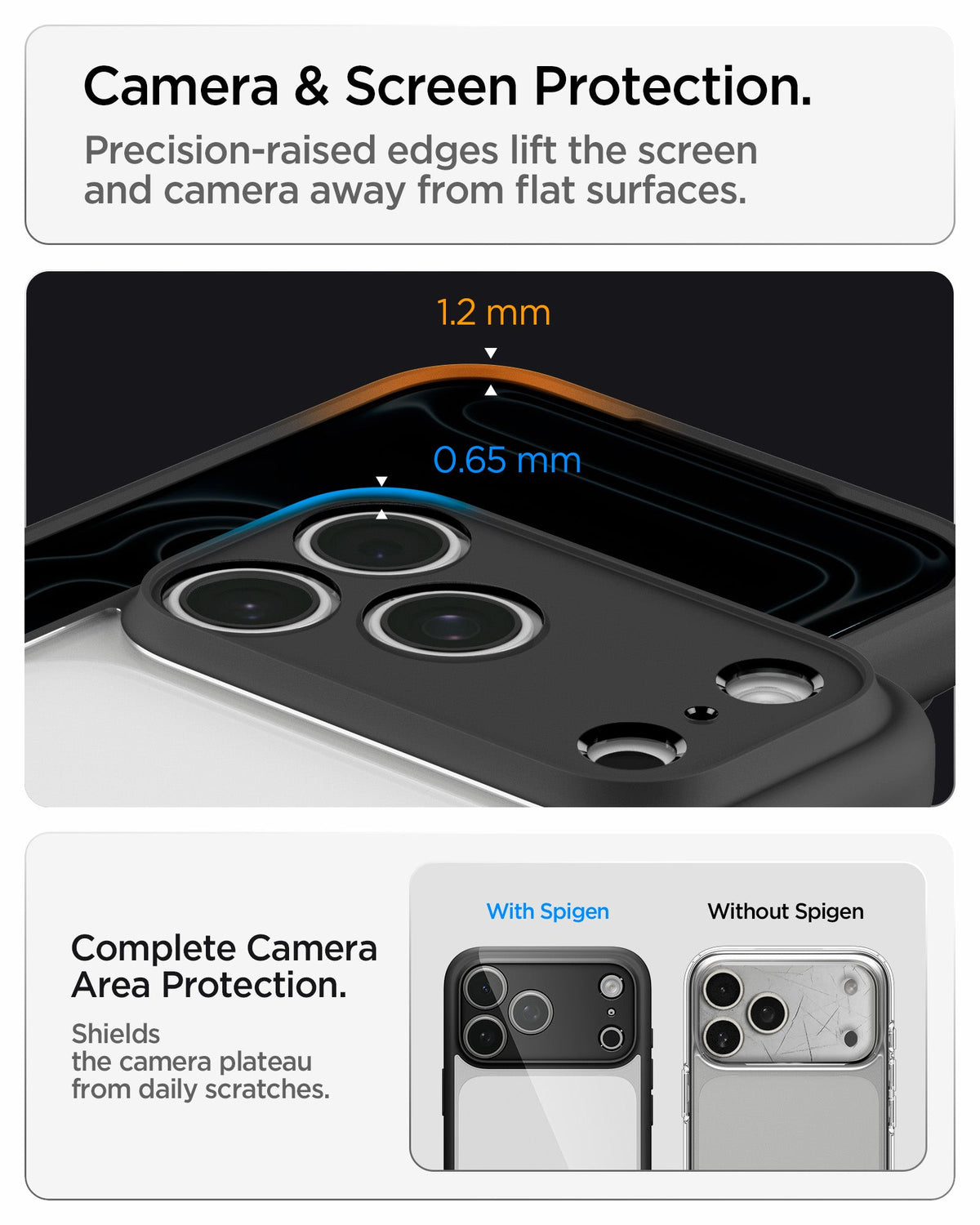 ACS10065 - iPhone 18 Pro / iPhone 17 Pro Ultra Hybrid in Matte Black showing raised screen and camera edges designed to protect against scratches and contact with flat surfaces