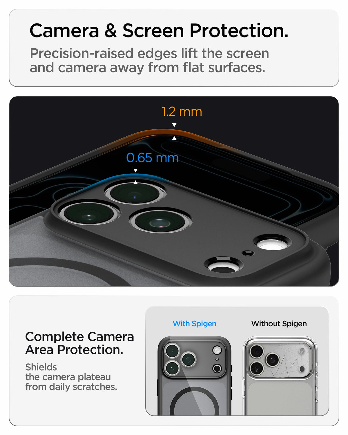 ACS10069 - iPhone 18 Pro / iPhone 17 Pro Ultra Hybrid (MagFit) in Frost Black showing raised edges around the screen and camera area for added protection against scratches and surface contact