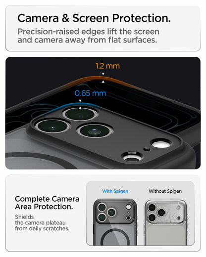 ACS10069 - iPhone 18 Pro / iPhone 17 Pro Ultra Hybrid (MagFit) in Frost Black showing raised edges around the screen and camera area for added protection against scratches and surface contact