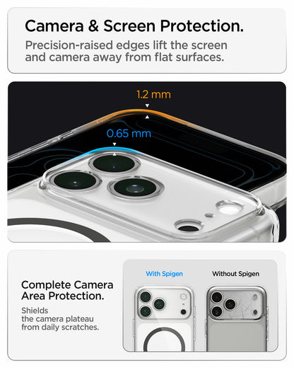 ACS10067 - iPhone 18 Pro / iPhone 17 Pro Ultra Hybrid (MagFit) in Clear Graphite showing raised edges around the screen and camera area for added protection against scratches