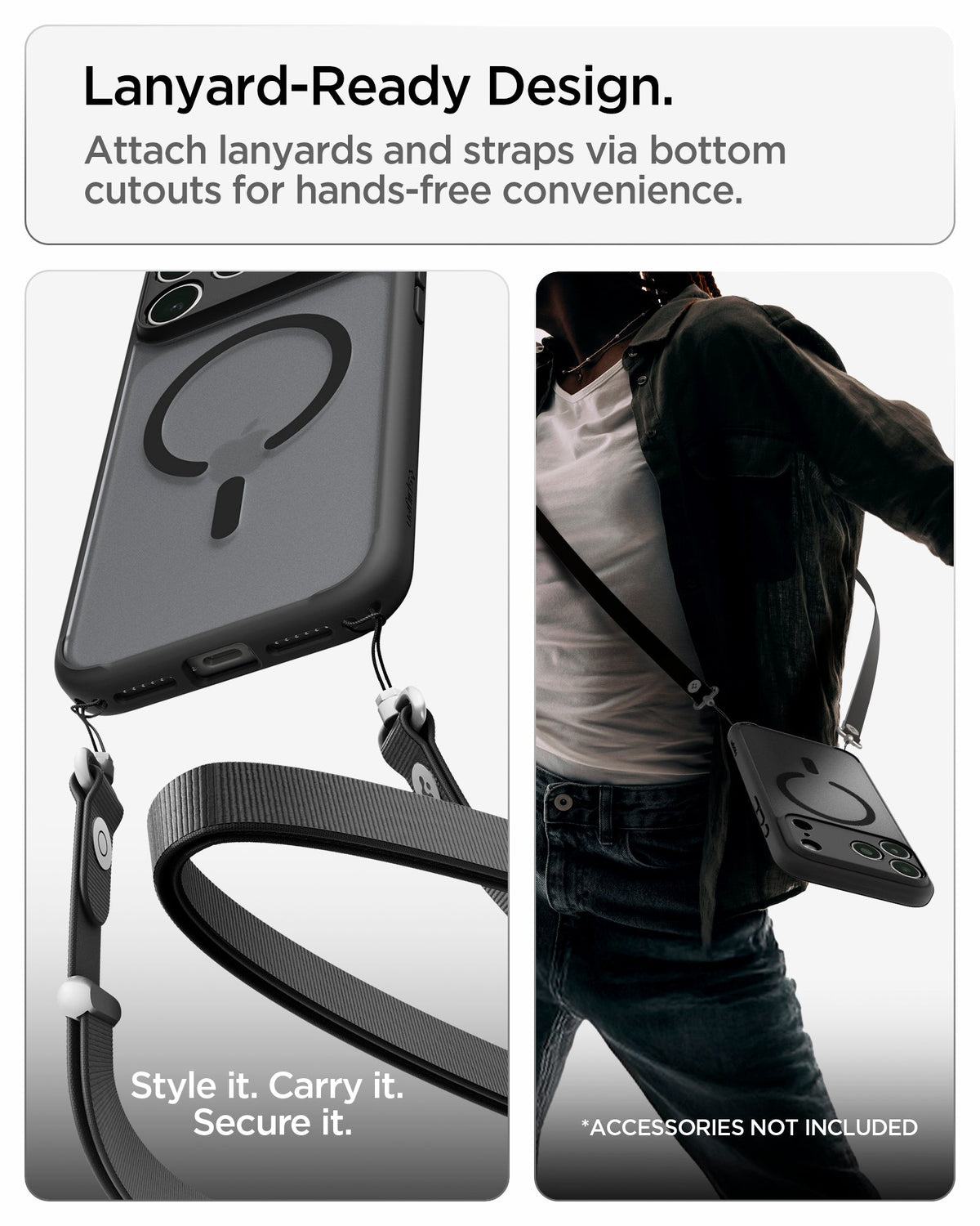 ACS10069 - iPhone 18 Pro / iPhone 17 Pro Ultra Hybrid (MagFit) in Frost Black showing built-in bottom cutouts for attaching lanyards and straps for hands-free carrying