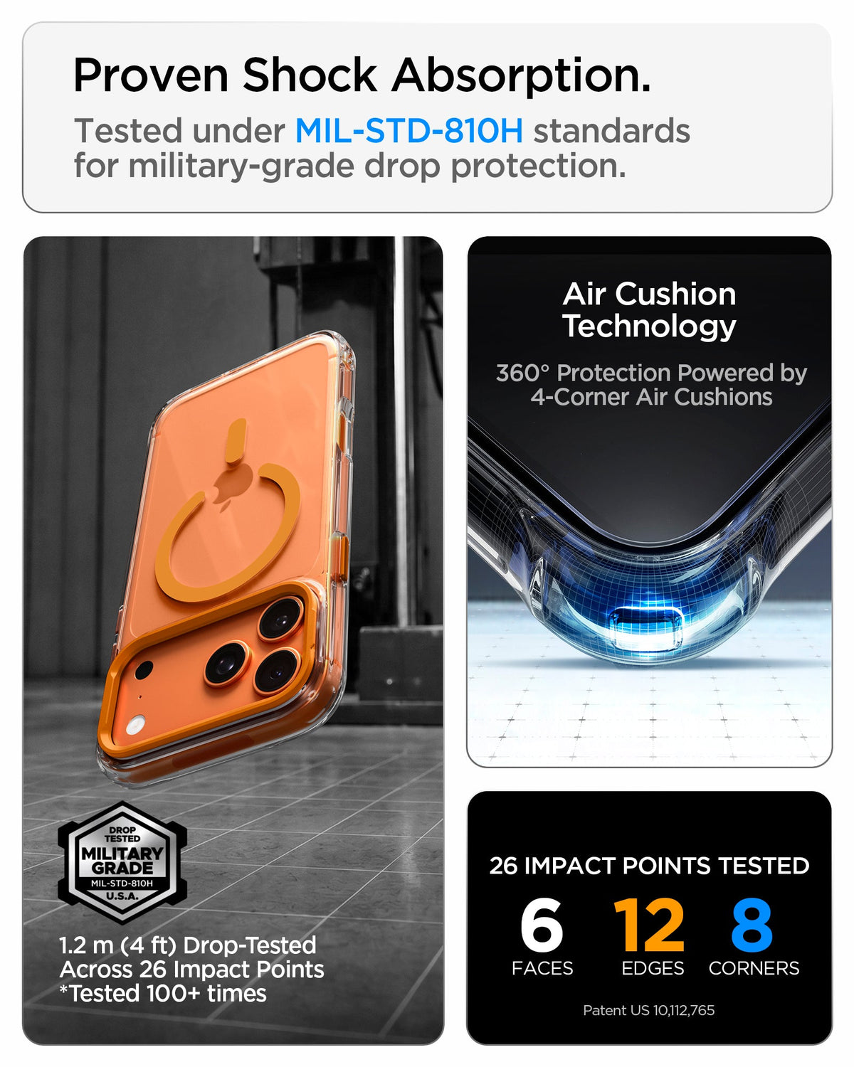 ACS11923 - iPhone 18 Pro / iPhone 17 Pro Ultra Hybrid Optik S (Mag Fit) Clear Orange showing military-grade drop protection with reinforced Air Cushion corners and multiple impact test points