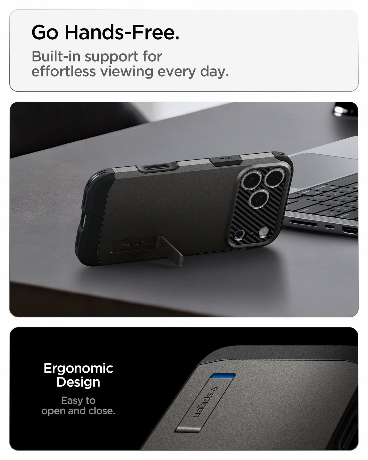 ACS09898 - iPhone 18 Pro Max / iPhone 17 Pro Max Tough Armor T Mag Fit Gunmetal showing the integrated kickstand for hands-free viewing with an ergonomic open-and-close design