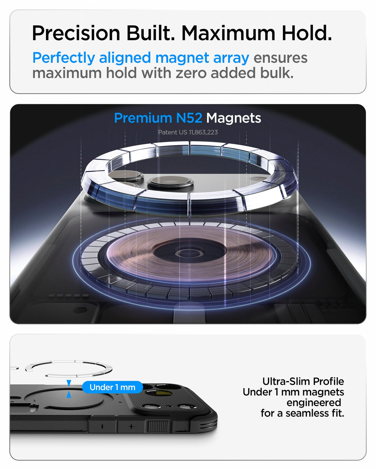 ACS09897 - iPhone 18 Pro Max / iPhone 17 Pro Max Tough Armor T Mag Fit Black showing a precision-aligned N52 magnet array with an ultra-slim profile for a secure magnetic connection
