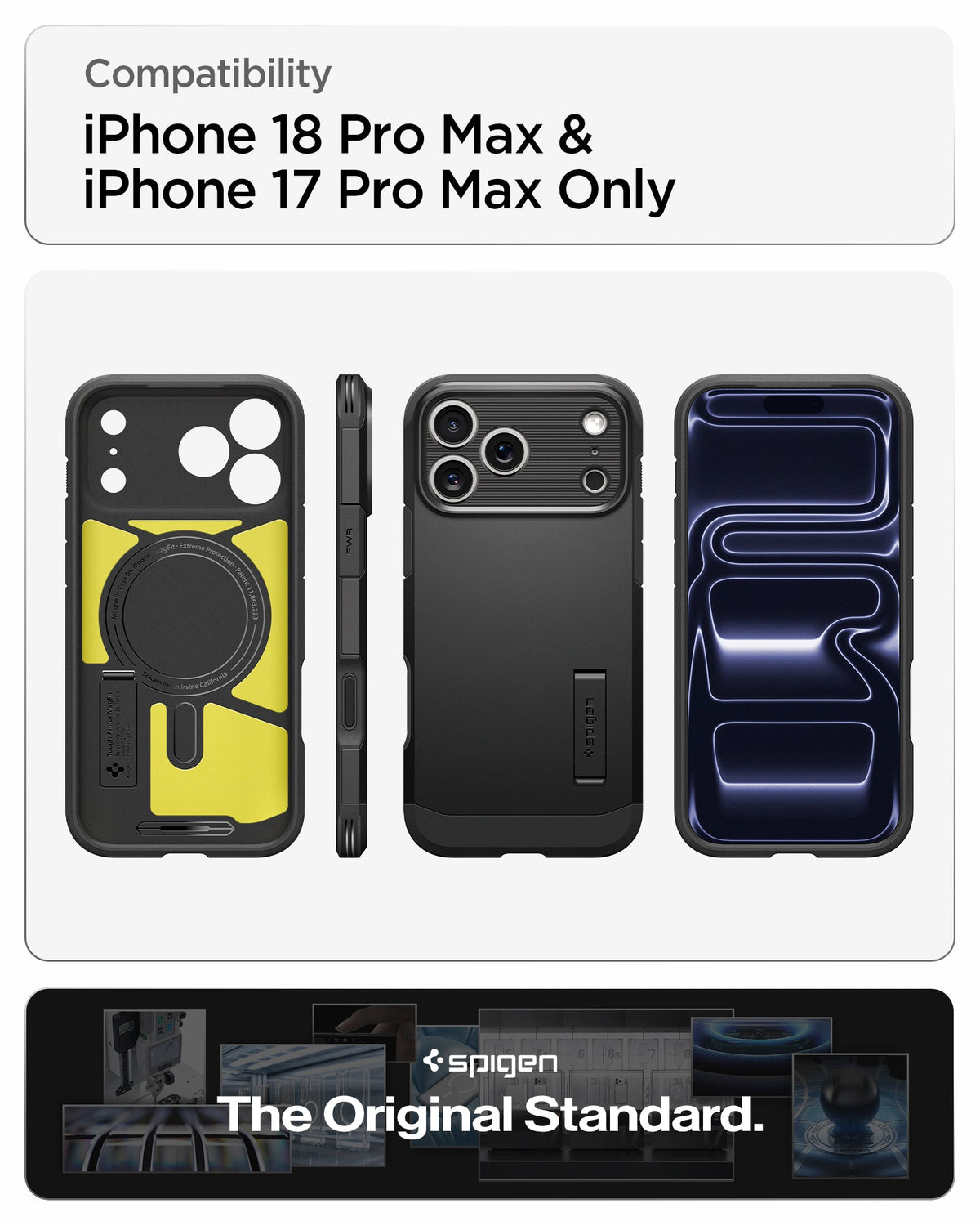 ACS09897 - iPhone 18 Pro Max / iPhone 17 Pro Max Tough Armor T Mag Fit Black showing multiple views of the case highlighting its rugged construction, magnetic design, and integrated kickstand