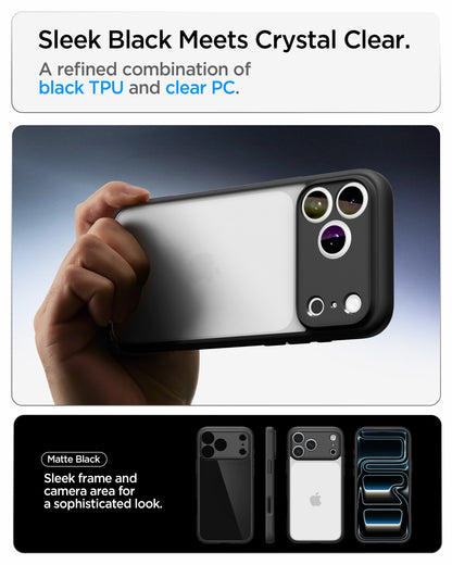 ACS10034 - iPhone 18 Pro Max / iPhone 17 Pro Max Ultra Hybrid in Matte Black showing a clear case designed to preserve clarity with long-lasting anti-yellowing technology
