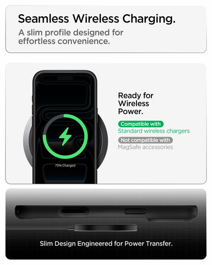 ACS10034 - iPhone 18 Pro Max / iPhone 17 Pro Max Ultra Hybrid in Matte Black showing a slim case supporting standard wireless charging with efficient power transfer