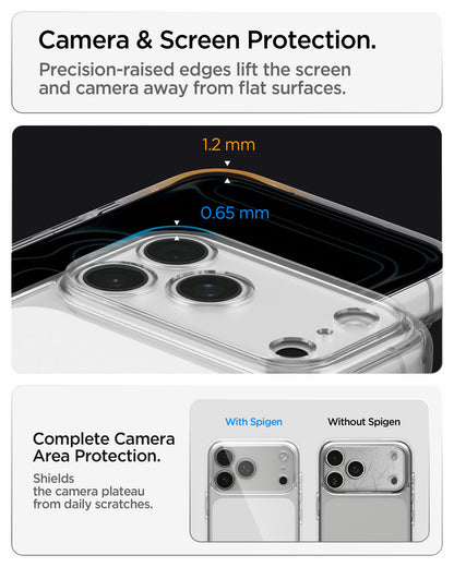 ACS10033 - iPhone 17 Pro Max Ultra Hybrid in Crystal Clear showing raised screen and camera edges designed to protect against scratches and contact with flat surfaces