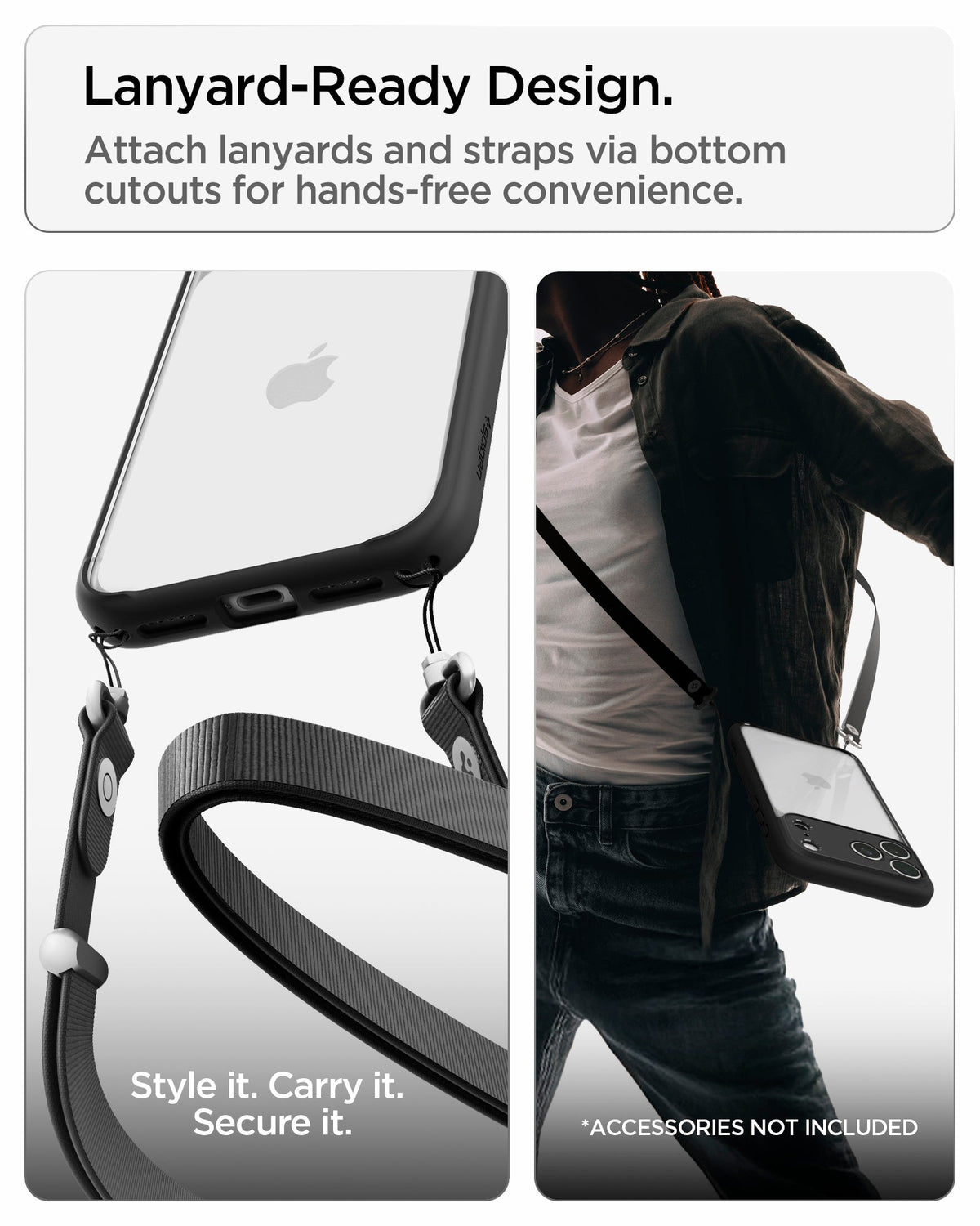 ACS10034 - iPhone 18 Pro Max / iPhone 17 Pro Max Ultra Hybrid in Matte Black showing built-in bottom cutouts for attaching lanyards and straps for hands-free carrying