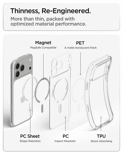 ACS10039 - iPhone 18 Pro Max / iPhone 17 Pro Max Ultra Hybrid (MagFit) in Frost White showing an exploded view of layered materials including magnets, rigid panels, and shock-absorbing edges