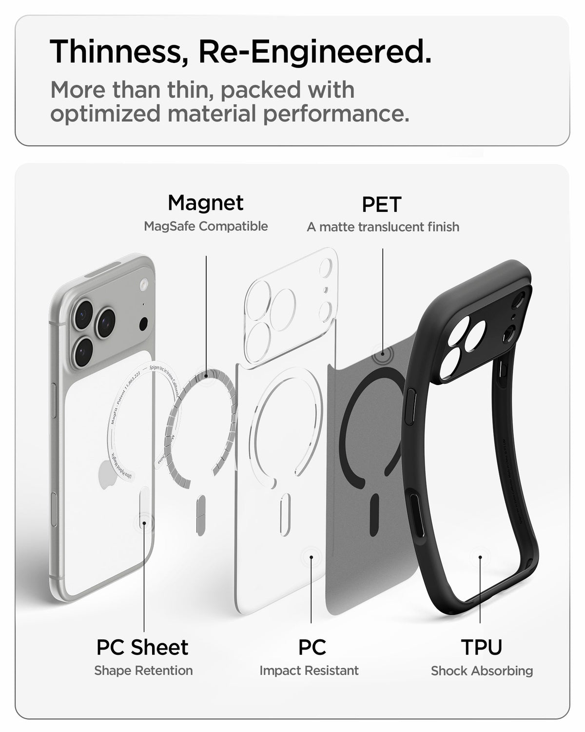 ACS10038 - iPhone 18 Pro Max / iPhone 17 Pro Max Ultra Hybrid (MagFit) in Frost Black showing an exploded view of layered materials including magnets, rigid panels, and shock-absorbing edges
