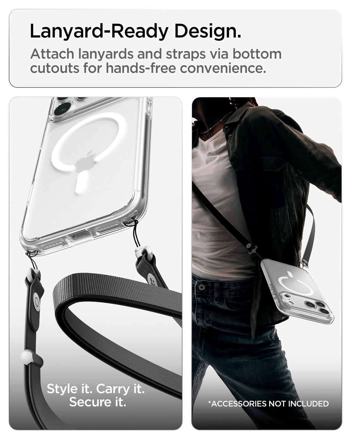 ACS10039 - iPhone 18 Pro Max / iPhone 17 Pro Max Ultra Hybrid (MagFit) in Frost White showing built-in bottom cutouts for attaching lanyards and straps for hands-free carrying
