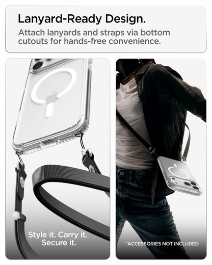 ACS10039 - iPhone 18 Pro Max / iPhone 17 Pro Max Ultra Hybrid (MagFit) in Frost White showing built-in bottom cutouts for attaching lanyards and straps for hands-free carrying