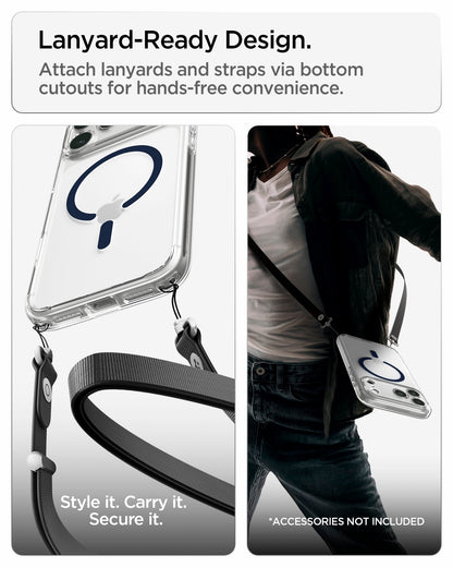 ACS10953 - iPhone 17 Pro Max Ultra Hybrid (MagFit) in Clear Deep Blue showing bottom lanyard cutouts for attaching straps and hands-free carrying convenience