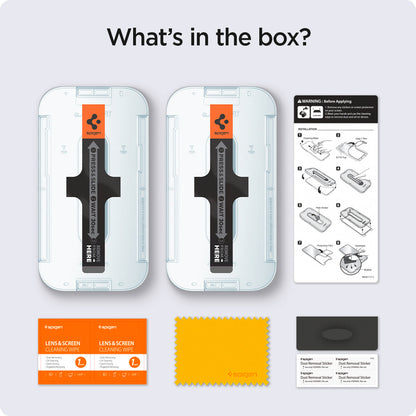 AGL03399 - iPhone 13 Mini Screen Protector EZ FIT GLAS.tR Privacy showing what's in the box? 2 screen protectors, cleaning wipes, microfiber cloth and dust sticker