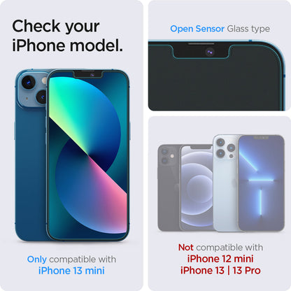 AGL03396 - iPhone 13 Mini Screen Protector EZ FIT GLAS.tR SLIM showing the compatibility only with iPhone 13 | 13 Pro. Not compatible with iPhone 13 mini | 13 Pro Max and iPhone 12 | 12 Pro