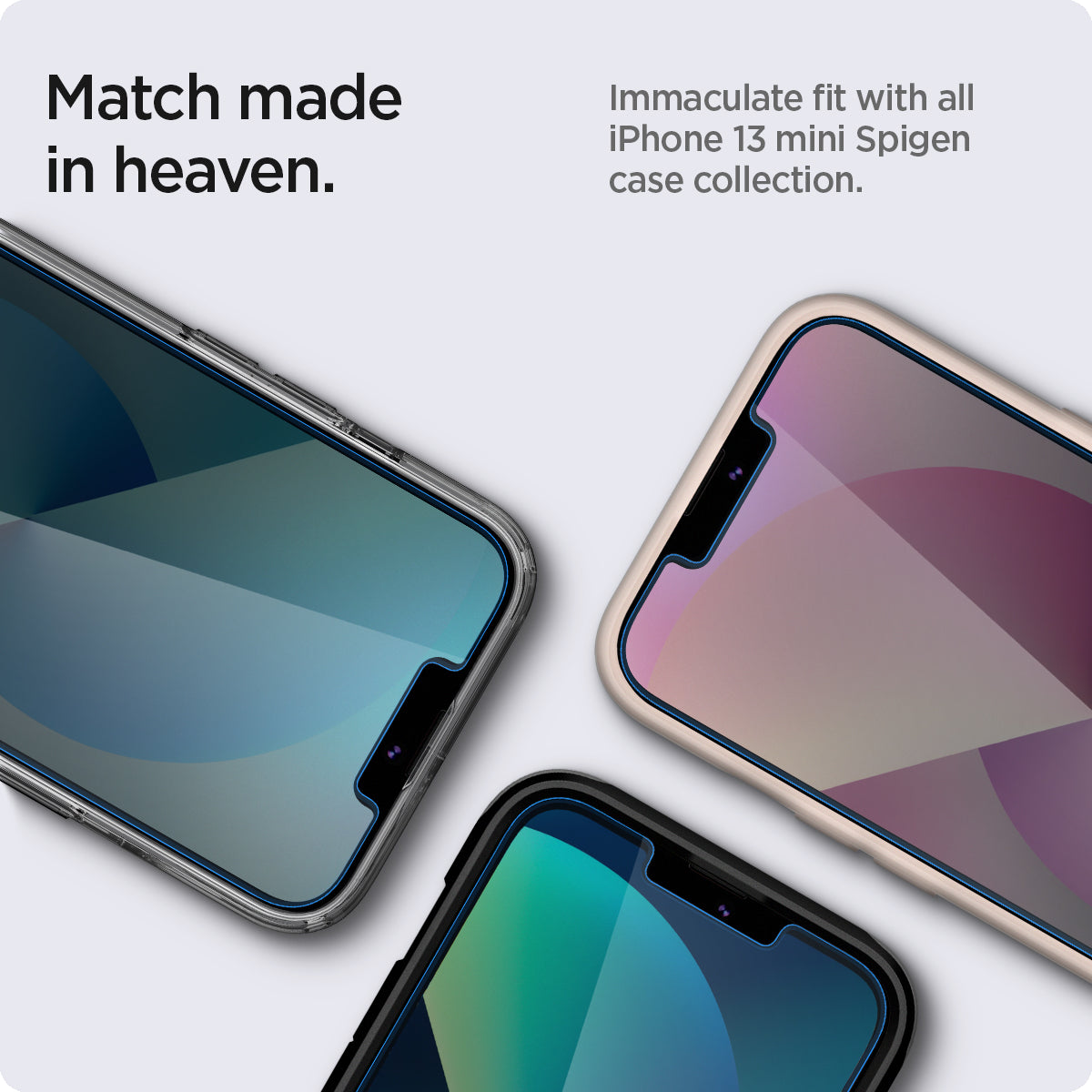AGL03396 - iPhone 13 Mini Screen Protector EZ FIT GLAS.tR SLIM showing the match made in heaven. Immaculate fit with all iPhone 13 | 13 Pro Spigen case collection