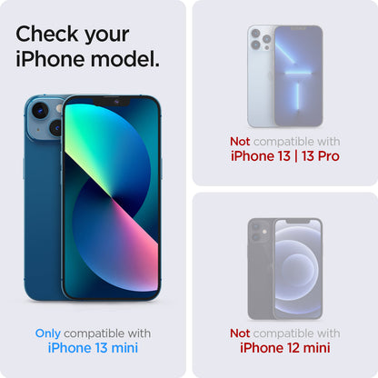 AGL03397 - iPhone 13 Mini Screen Protector EZ FIT GLAS.tR (Sensor Protection) showing the compatibility only with iPhone 13 mini. Not compatible with iPhone 13 | 13 Pro and iPhone 12 mini