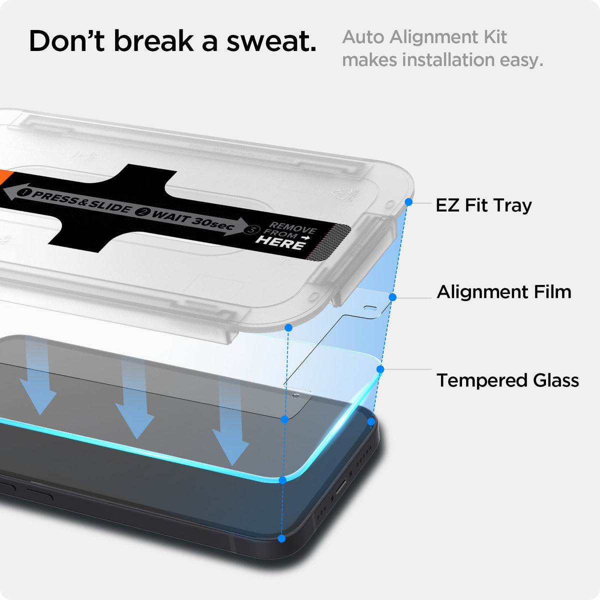 AGL03397 - iPhone 13 Mini Screen Protector EZ FIT GLAS.tR (Sensor Protection) showing the auto alignment kit makes installation easy. EZ Fit Tray, Alignment Film and Tempered Glass