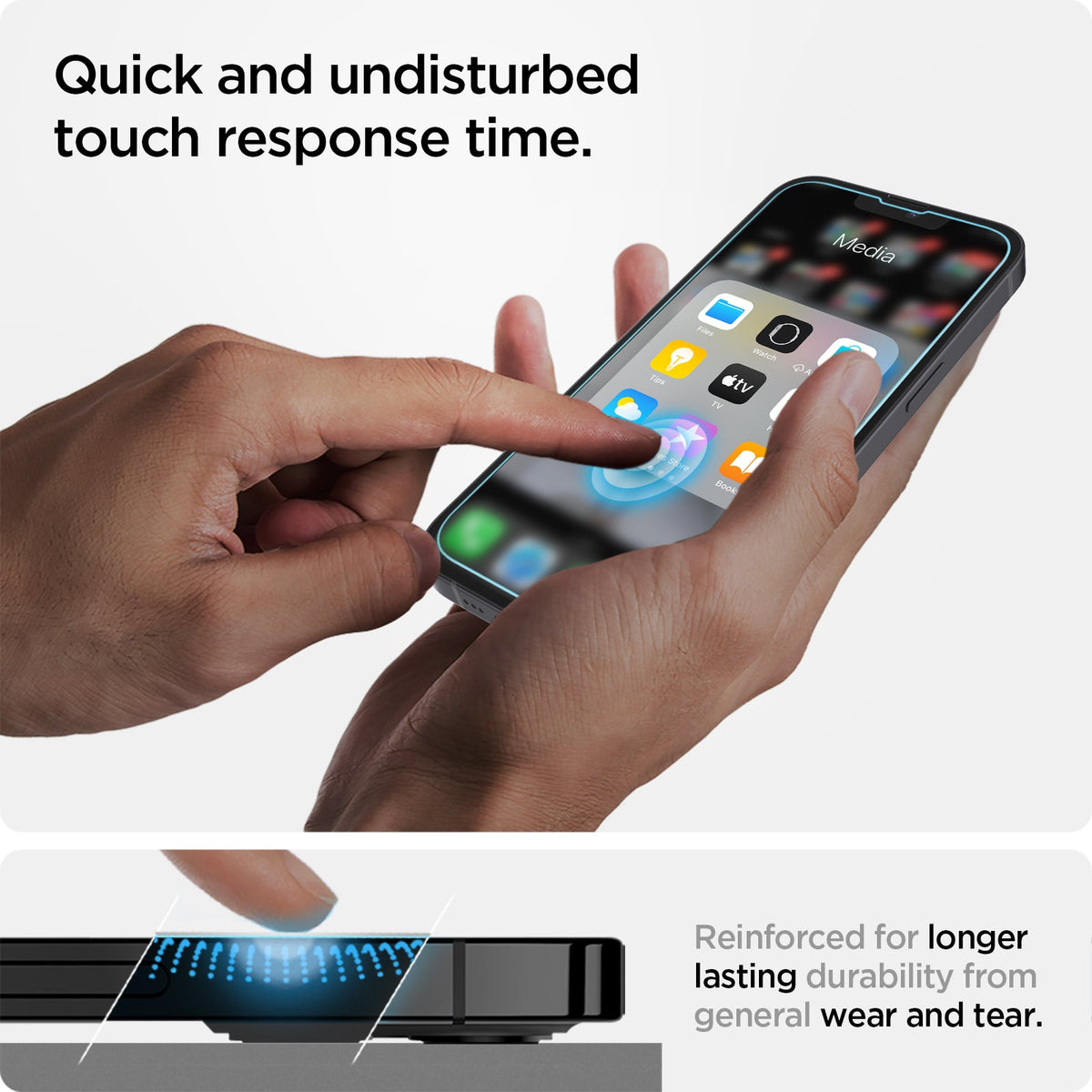 AGL03397 - iPhone 13 Mini Screen Protector EZ FIT GLAS.tR (Sensor Protection) showing the quick and undisturbed touch response time. Reinforced for longer lasting durability from general wear and tear