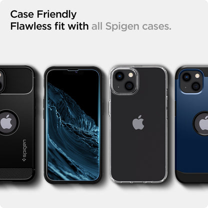 AGL03397 - iPhone 13 Mini Screen Protector EZ FIT GLAS.tR (Sensor Protection) showing the case friendly, flawless fit with all Spigen cases