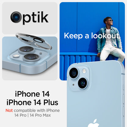 AGL05762 - iPhone 14 / 14 Plus Optik Lens Protector in crystal clear keep a lookout showing the compatibility only with iPhone 14, 14 plus. Not compatible with iPhone 14 pro, 14 pro max.