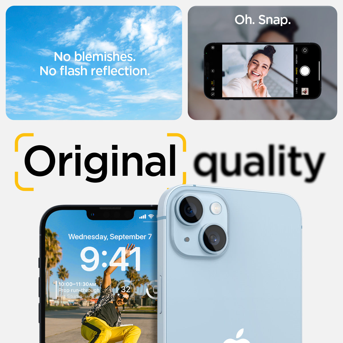 AGL05762 - iPhone 14 / 14 Plus Optik Lens Protector in crystal clear showing the no blemishes, no flash reflection oh, snap, original quality.