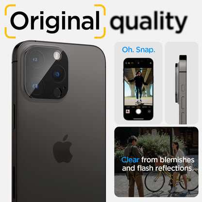 AGL06913 - iPhone 14 Pro / 14 Pro Max Optik Lens Protector in black showing the no blemishes, no flash reflection oh, snap, original quality.