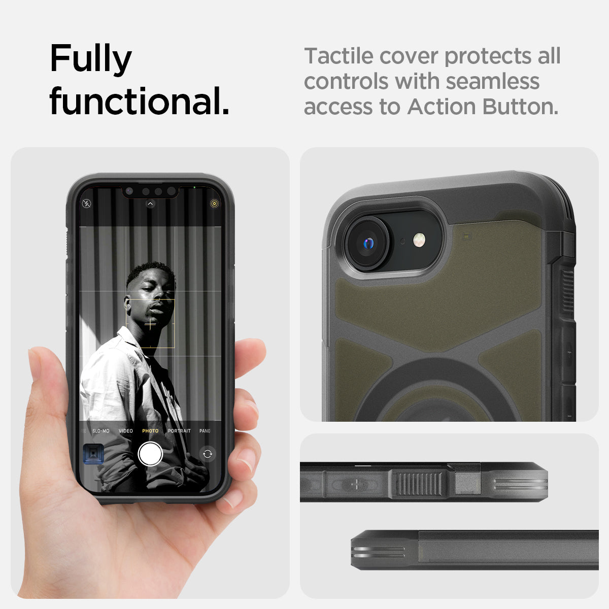 ACS09138 - iPhone 17e Case Tough Armor AI (MagFit) in Frost Black showing how it is fully functional. Tactile cover protects all controls with seamless access to Action Button