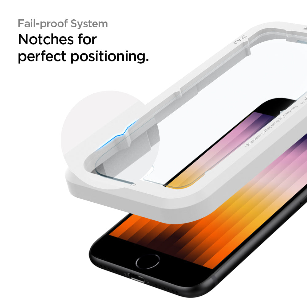 AGL01867 - iPhone SE Series Alignmaster Full Cover Screen Protector showing the fail-proof system. Notches for perfect positioning