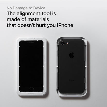 AGL01867 - iPhone SE Series Alignmaster Full Cover Screen Protector showing the alignment tool is made of materials that doesn't hurt your iPhone. To damage to the device