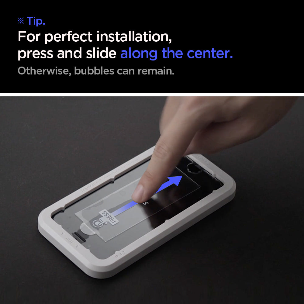 AGL01867 - iPhone SE Series Alignmaster Full Cover Screen Protector showing the Tip, for perfect installation, press and slide along the center. Otherwise, bubbles can remain